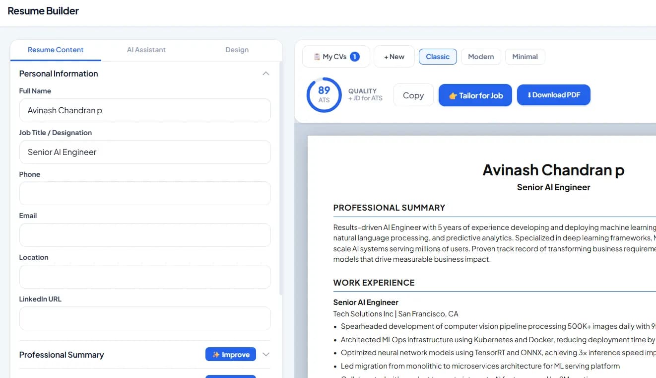Resume Builder editor with live preview