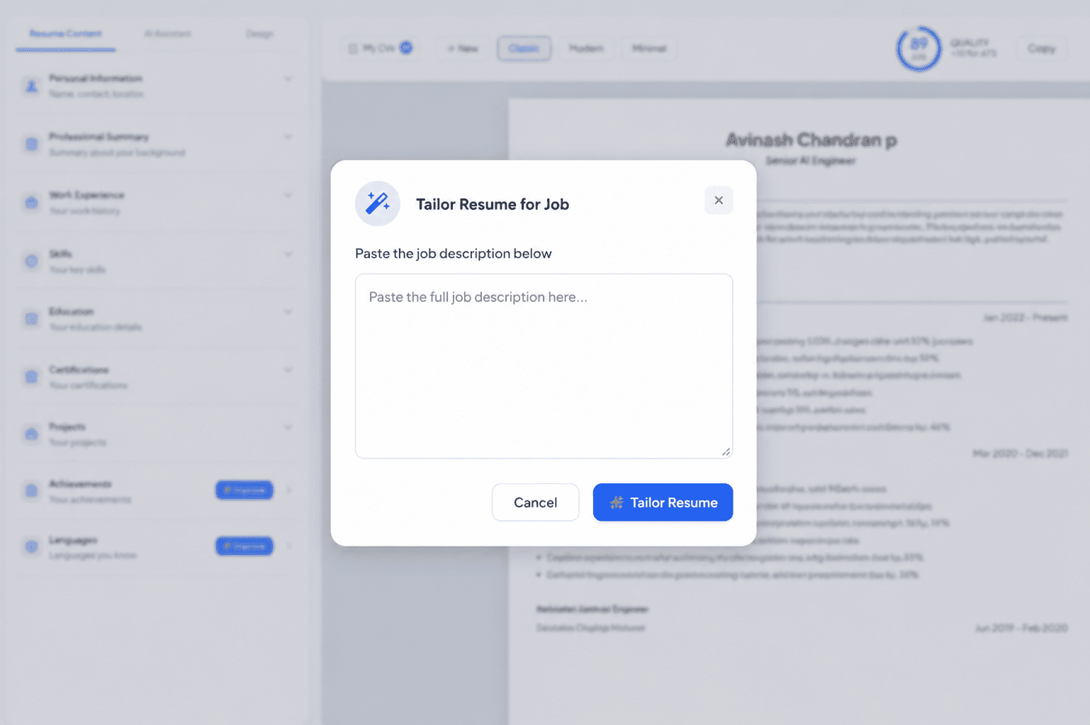 Tailor Resume for Job modal