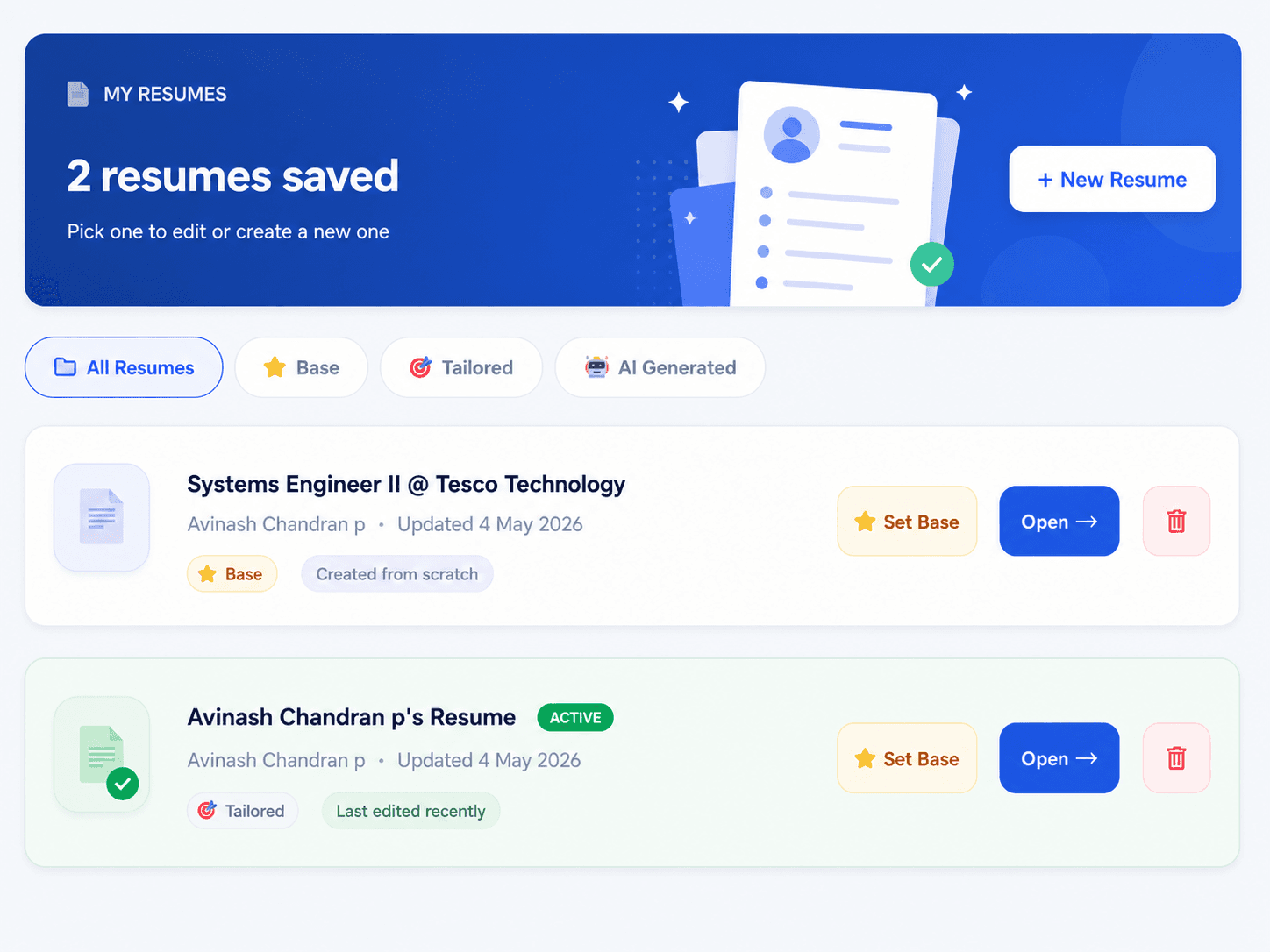 Resume Builder showing ATS score of 98 — Career Focus