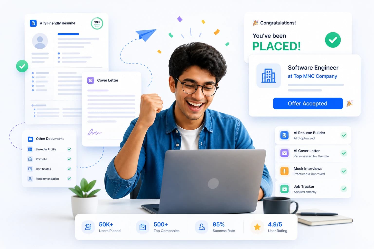 AI Job Kit dashboard showing tailored resume, cover letter, and outreach email generation